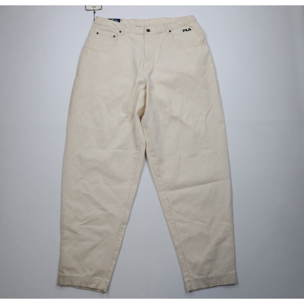 Deadstock Vintage 90s Fila Mens 38x34 Spell Out Baggy Skateboard Jeans Cream